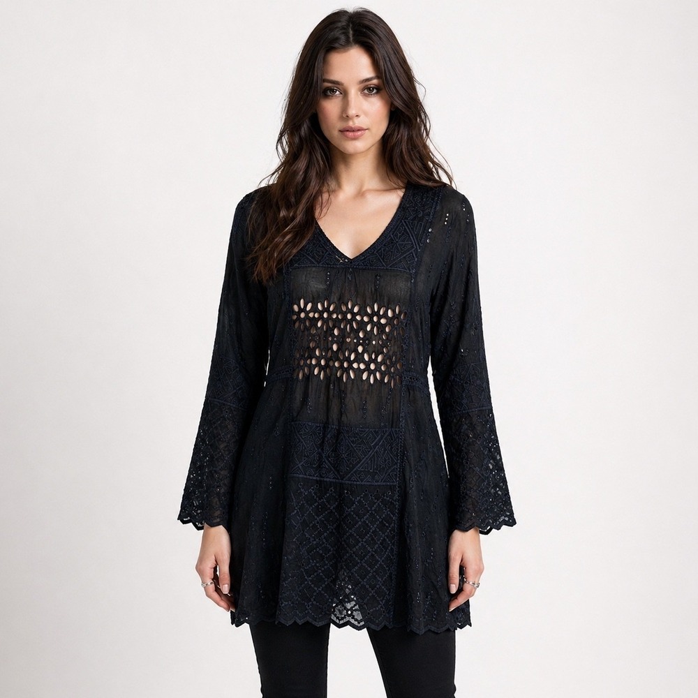 Johnny Was XS Black Embroidered Eyelet Lace Tunic‎ Dress Cupra Rayon Boho Witchy